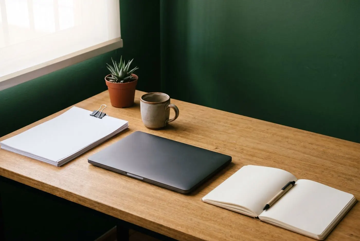 Escritorio ordenado con un computador y documentos listos para trabajar