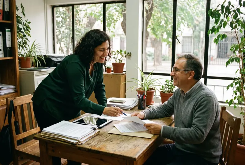 Integrante de Tranqui conversando con el dueño de una pyme en su oficina
